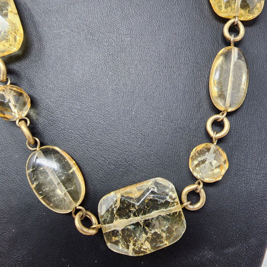 Talbots Yellow Citrine Color Crackled Glass Bead Statement Necklace Retro 34"