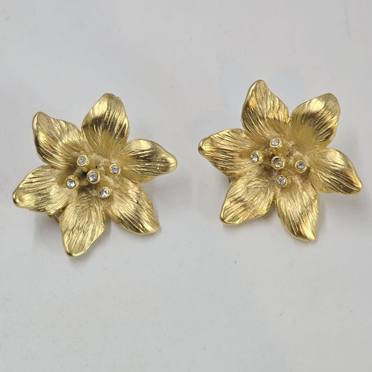 Vintage Norma Jean Flower Earrings Matte Gold Tone 1980s Clip On Haute Couture