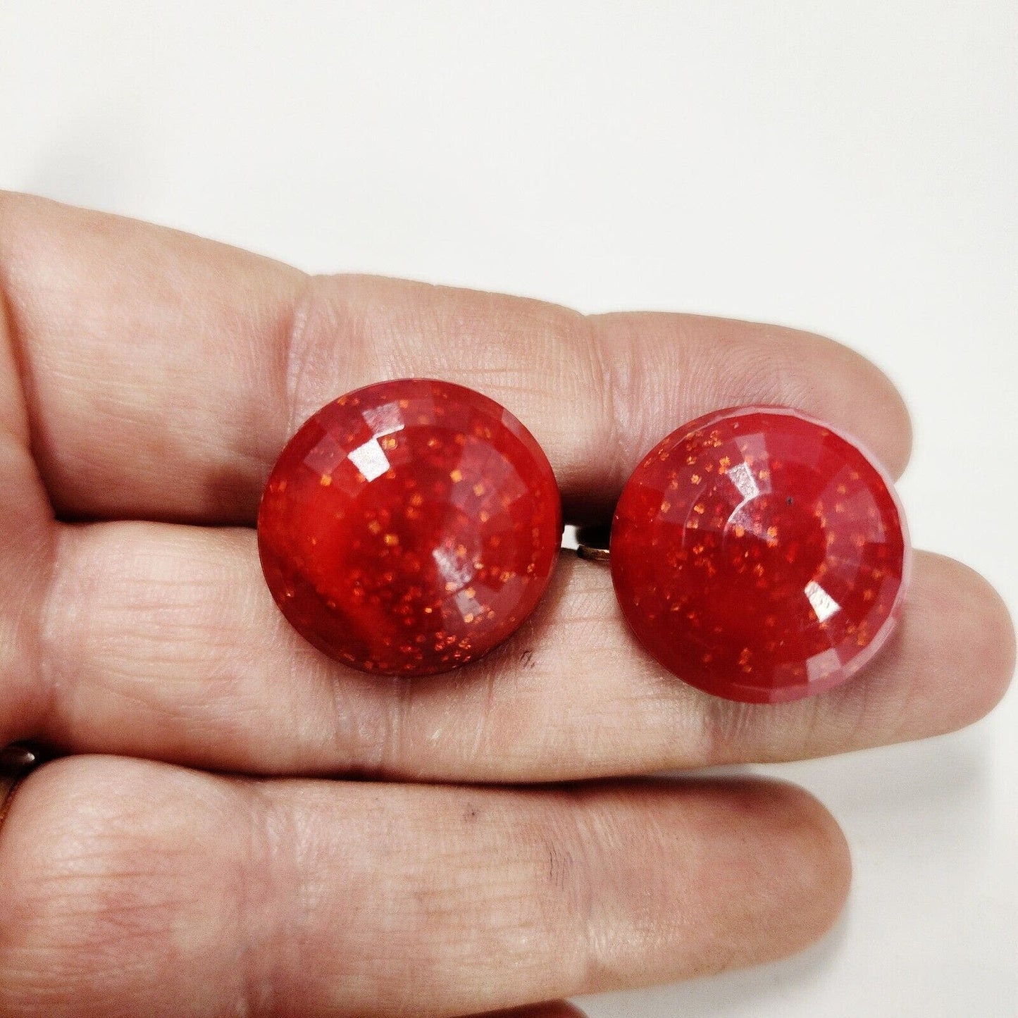 Vintage Dalsheim Lipstick Red Glitter Lucite Dome Designer Clip On Earrings