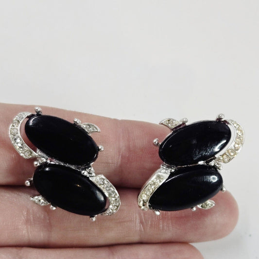 Vintage KRAMER Black Thermoset And Rhinestone Clip-on Earrings Silver Tone