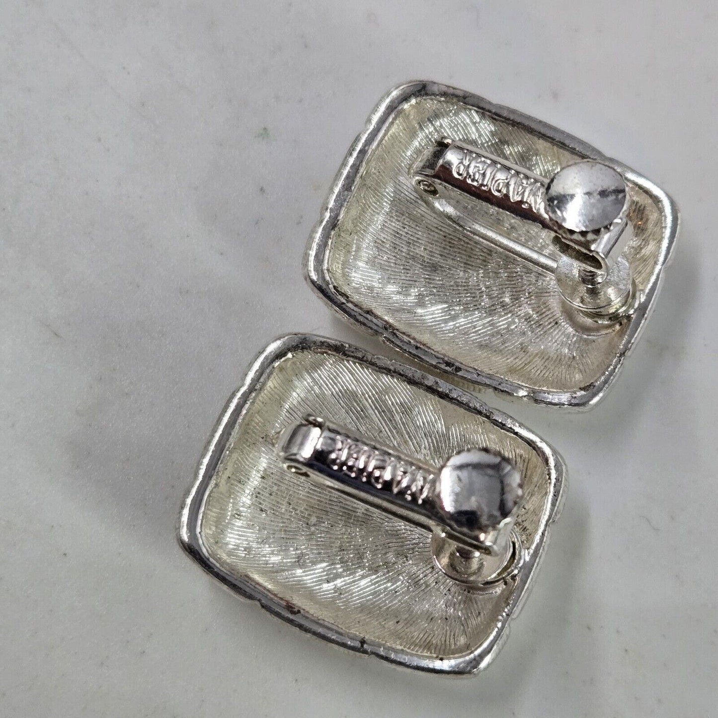 Vintage Napier Silver Tone Metal Puffy Rectangle Clip On Earrings Classy