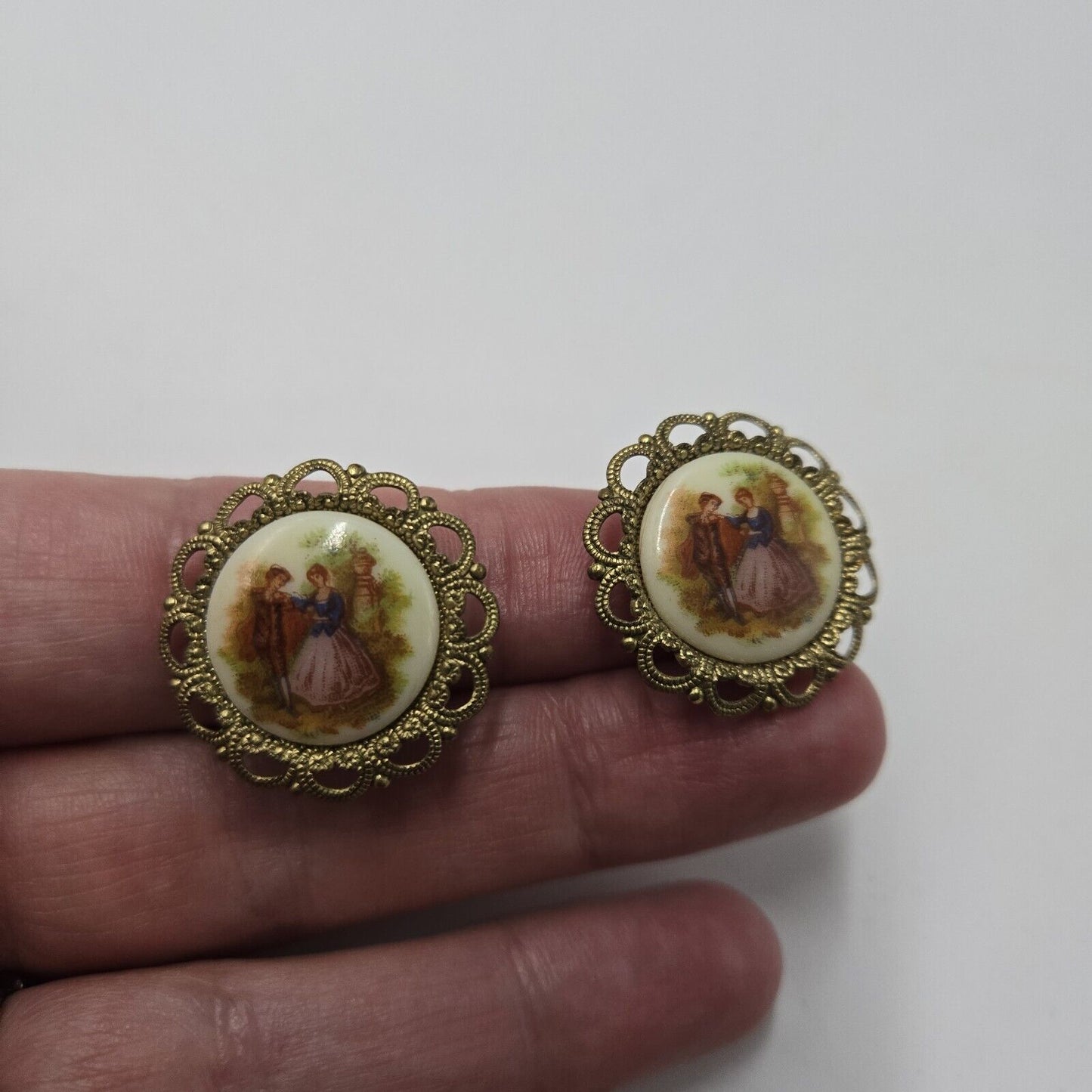 Vintage West Germany Porcelain Courting Couple Metal Frame Clip-on Earrings