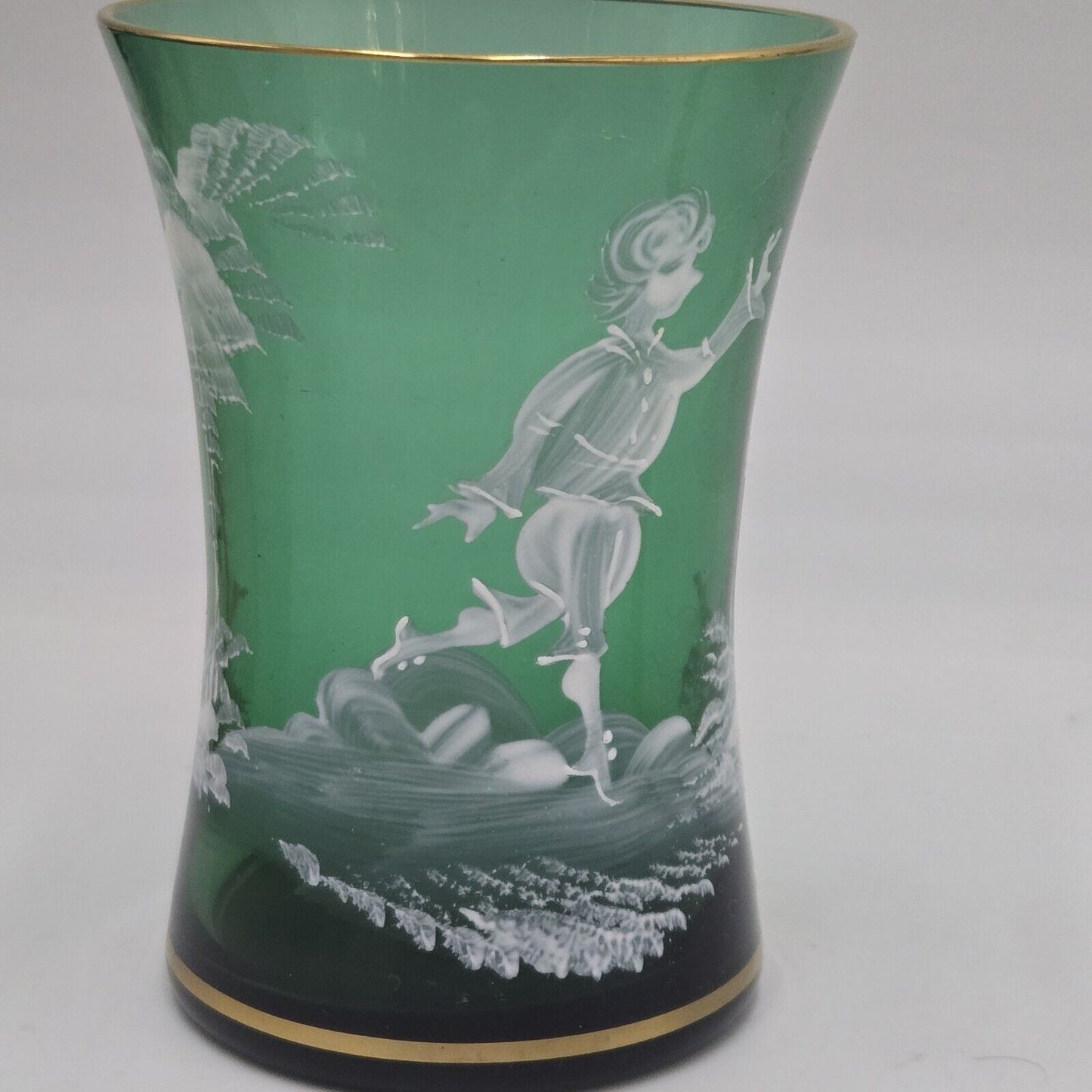 Vintage Antique Mary Gregory Green Glass Vase 4” Tall Cup West Germany