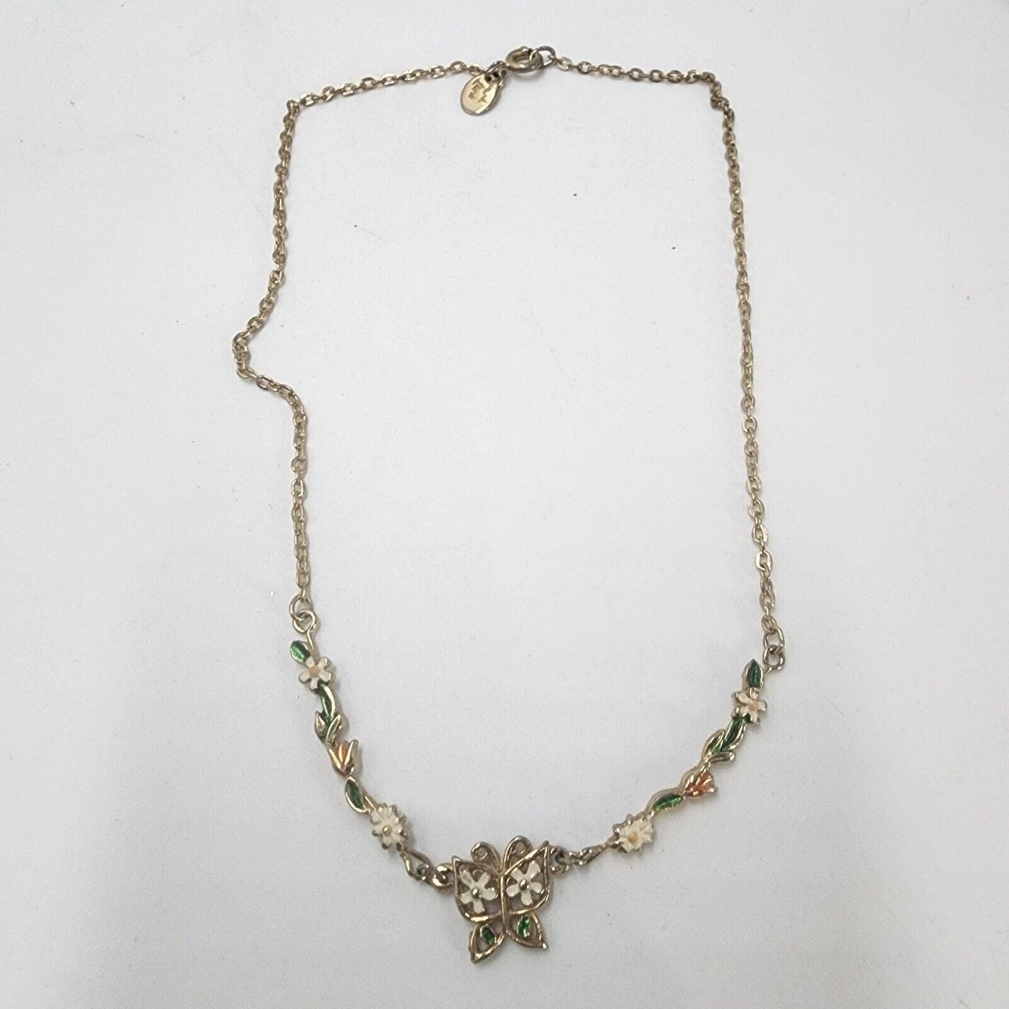 Vintage Park Lane Enamel Necklace Butterfly Gold Tone Flower Chain 16" Dainty