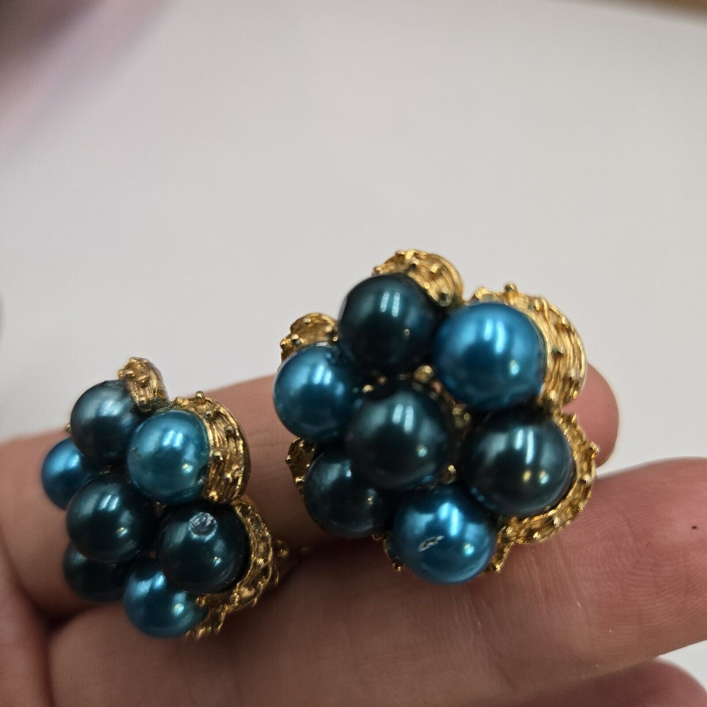 Vintage Teal Blue Faux Pearl Bead Cluster Gold Tone Clip Earrings