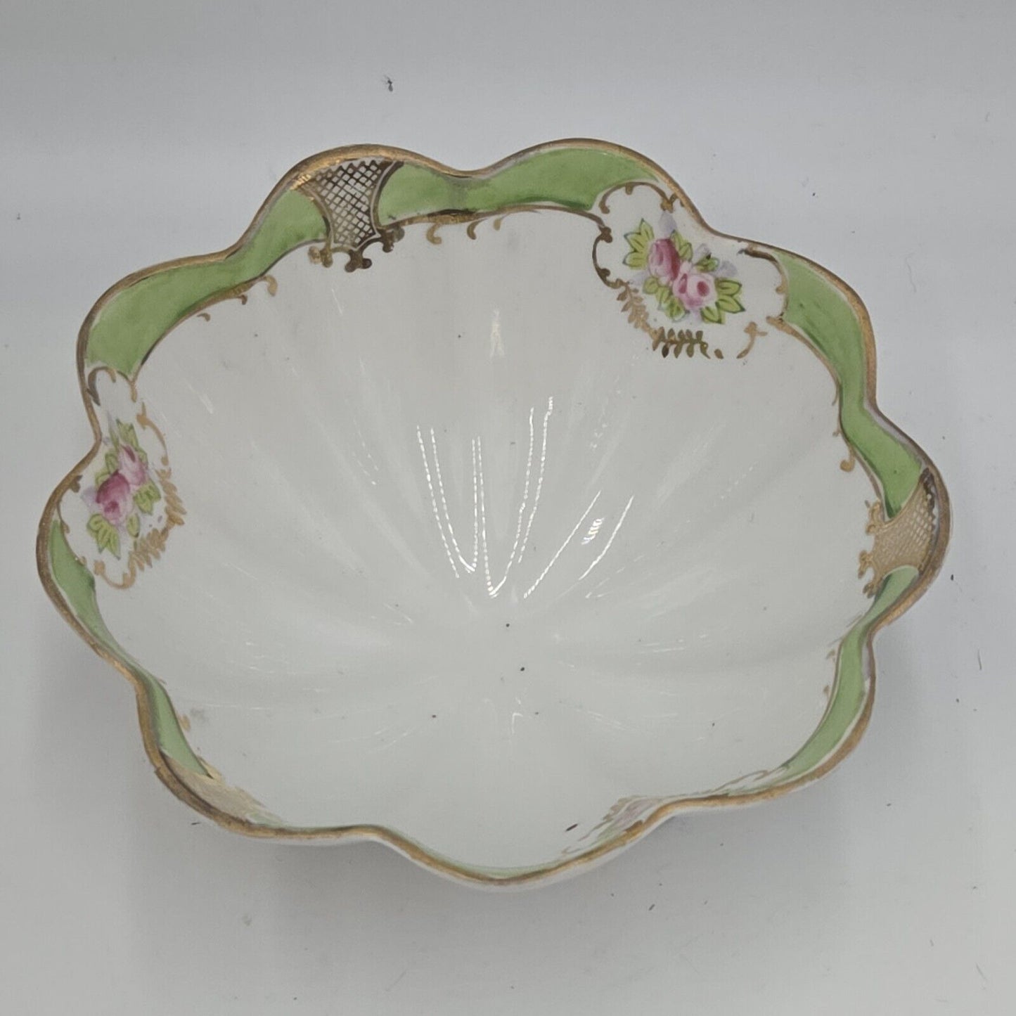 Vintage NIPPON Green Floral Gilt Fluted Footed Nut Berry Bowl Hand Painted