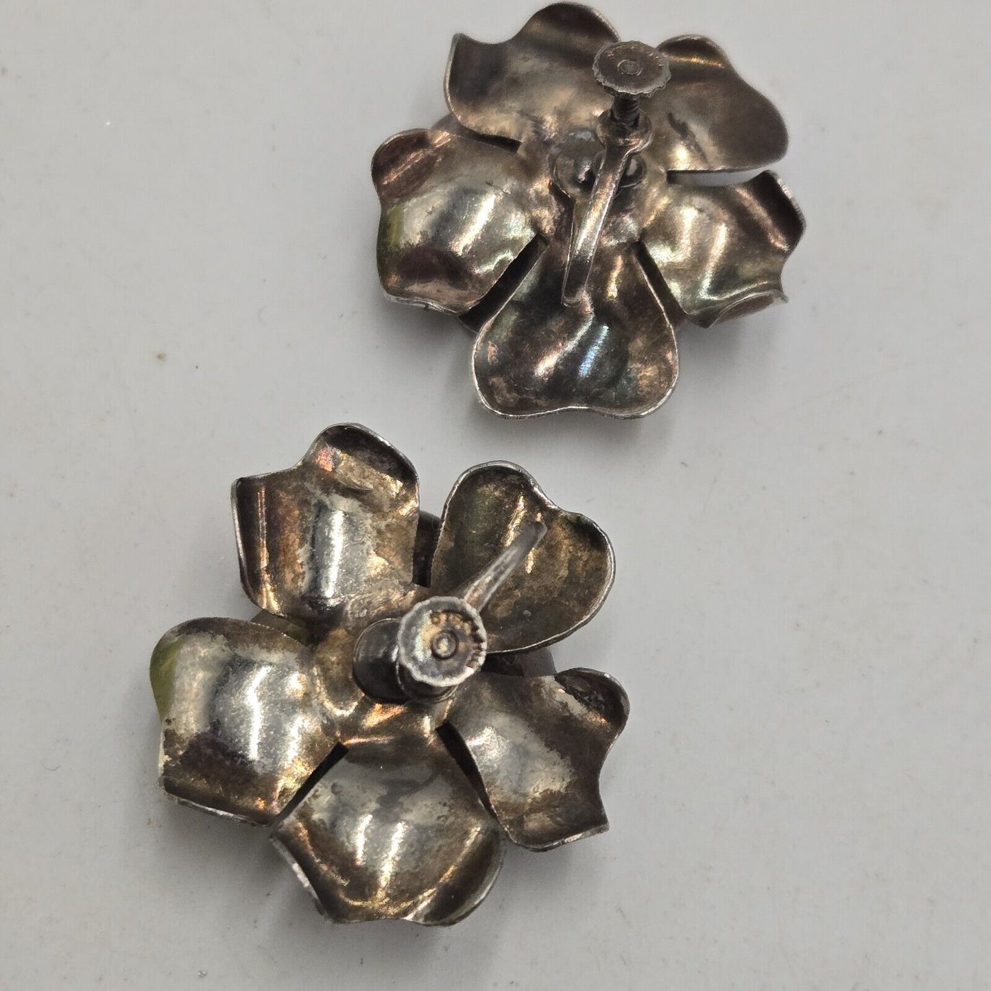 Vintage Sterling Silver Flower With Rhinestones Screw Back Earrings