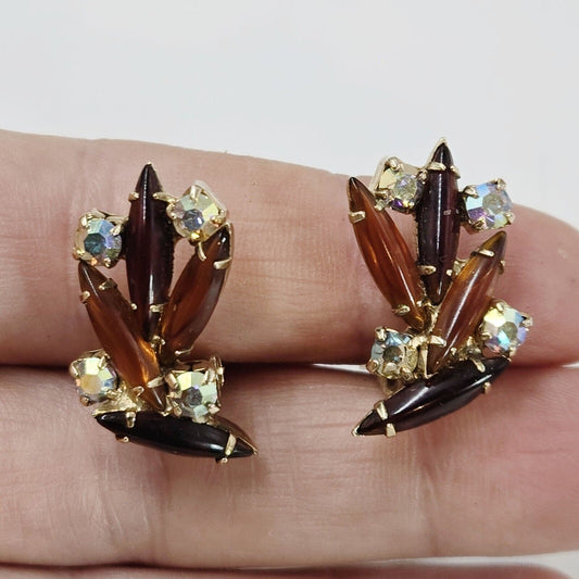 Vintage Juliana Amber Glass Navette Marquise Rhinestone Clip On Earrings