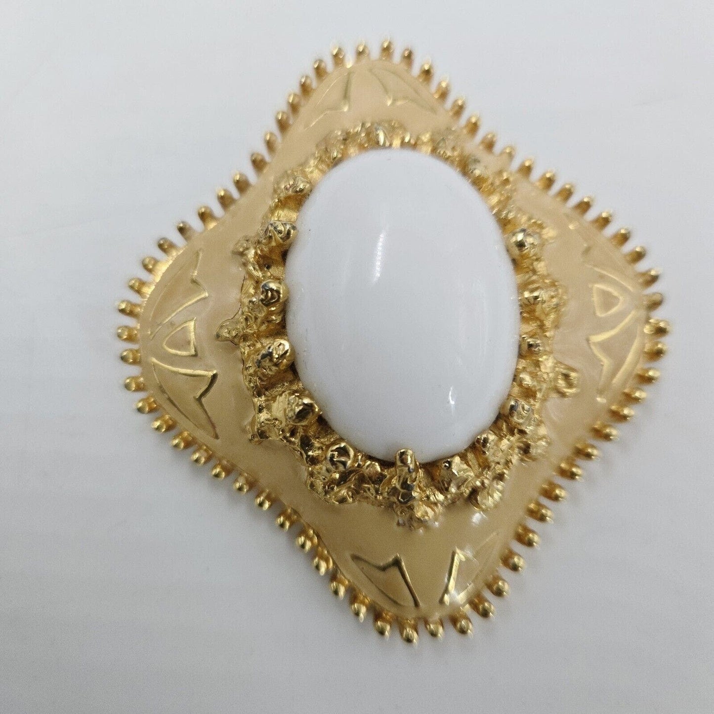 Vintage Jomaz Milk Glass Cabochon Oversized Gold Tone Enamel Brooch Pin Rhombus