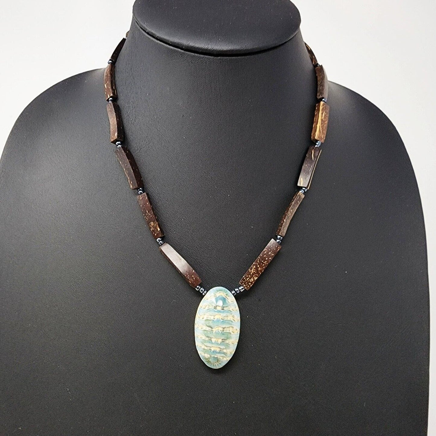 Vintage Ethnic Coconut Shell Blue Fossil? Shape Brown Necklace 17" Dominican Rep