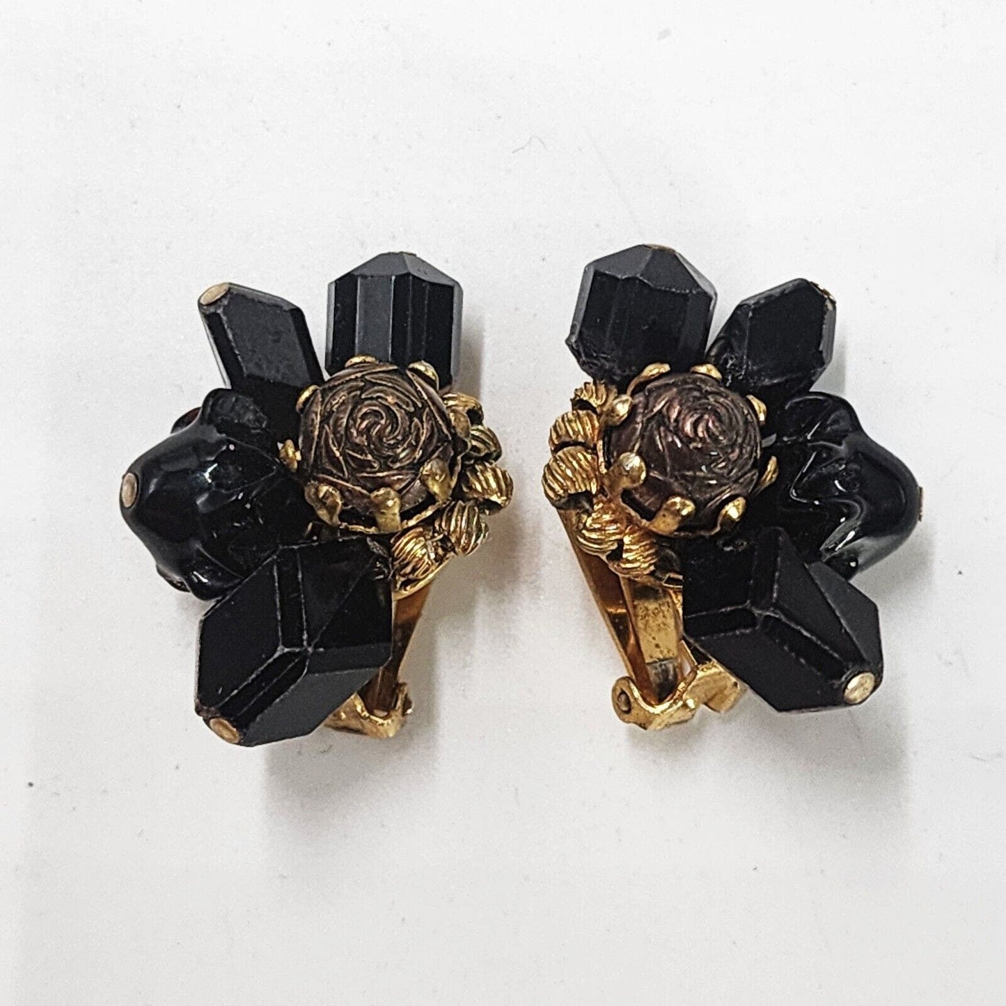 Vintage HATTIE CARNEGIE Black French Jet Glass Faceted Beads Cluster Earrings