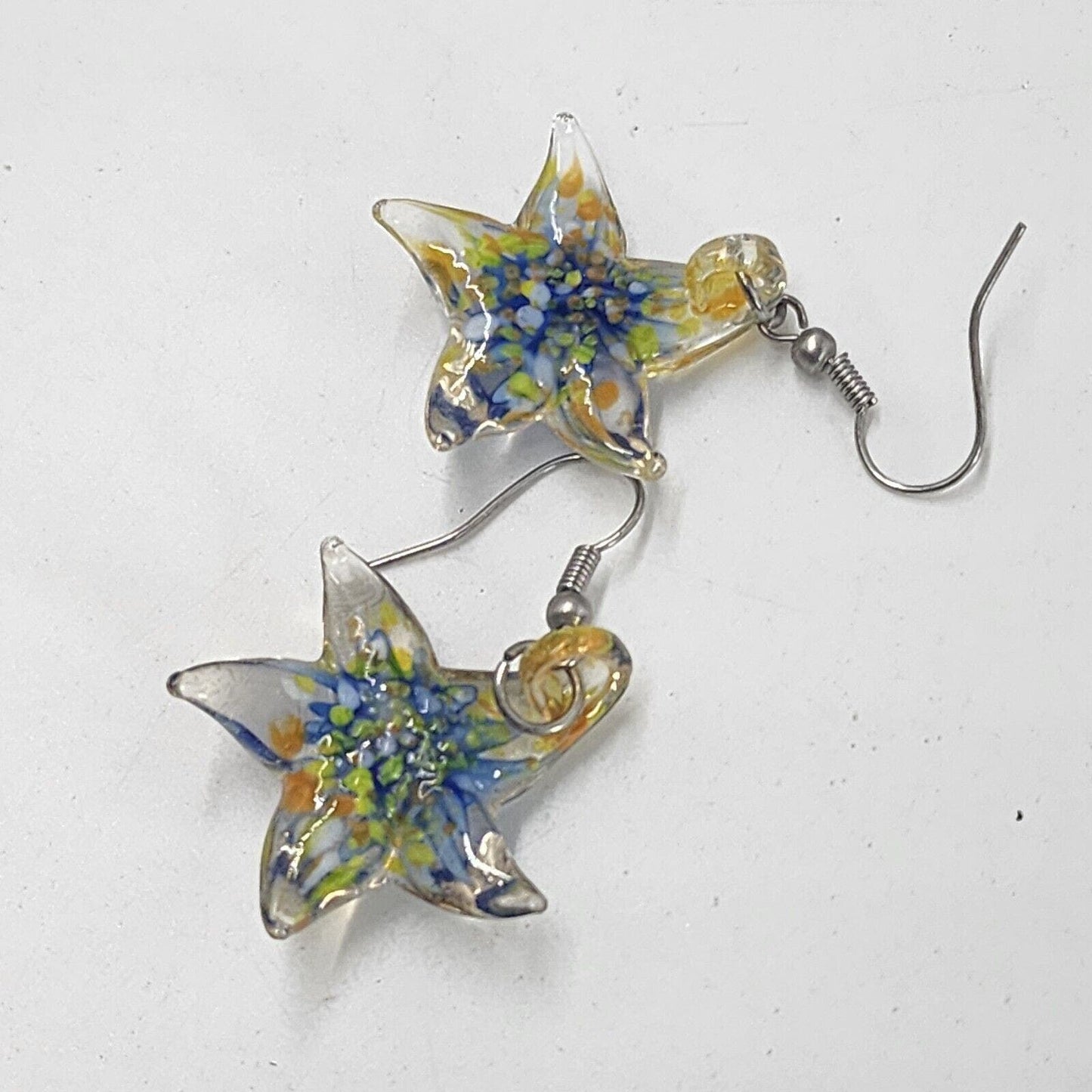 Artisan Blown Swirl Glass Starfish Earrings Blue Flower Clear Dangle