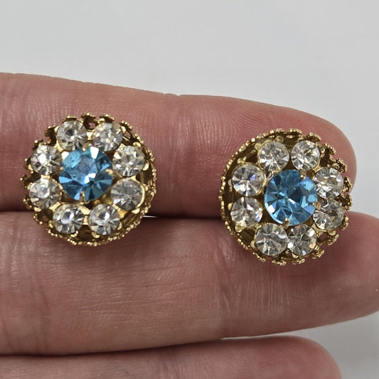 Vintage Coro Light Blue Clear Rhinestone Halo Round Gold Tone Clip On Earrings