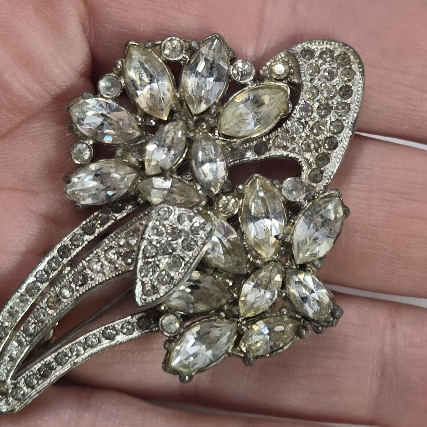 Vintage Art Deco Flower Paste Marquise Rhinestones Silver Tone Brooch Signed KC