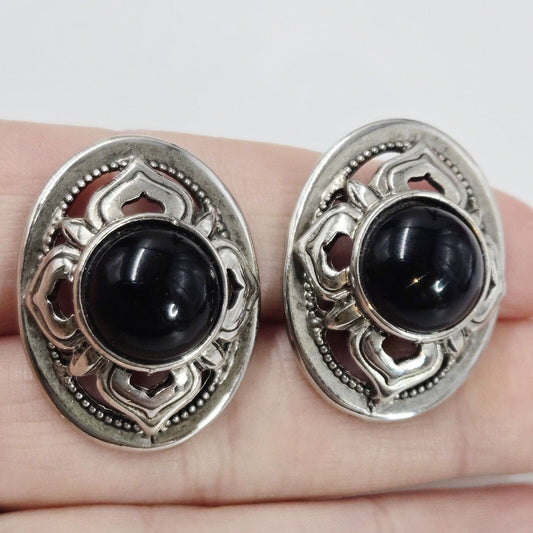 Vintage Ginnie Johansen Black Cabochon Silver Tone Statement Clip On Earrings