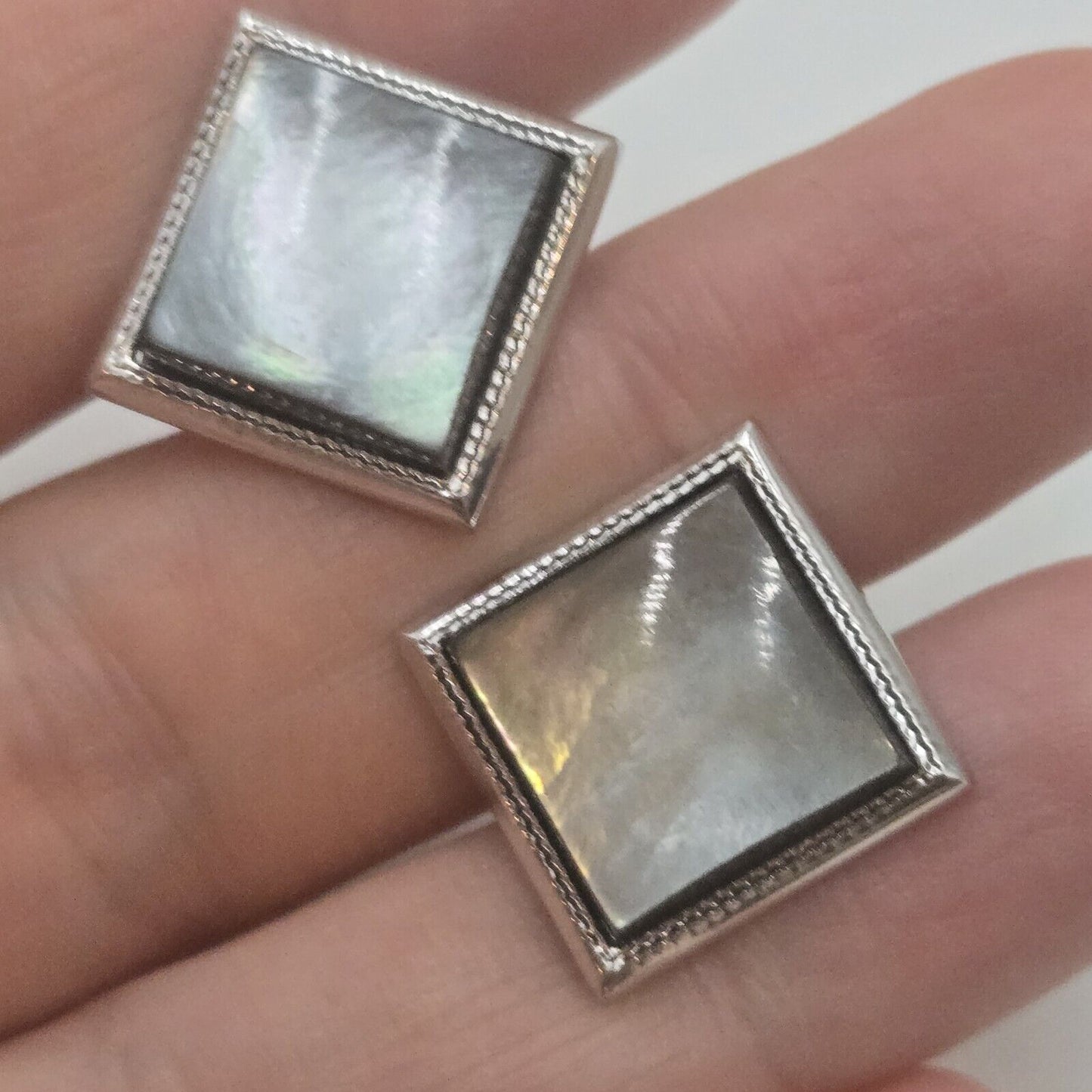 Vintage Silver Tone Abalone Mother of Pearl Square Mens Cufflinks Formal Wedding