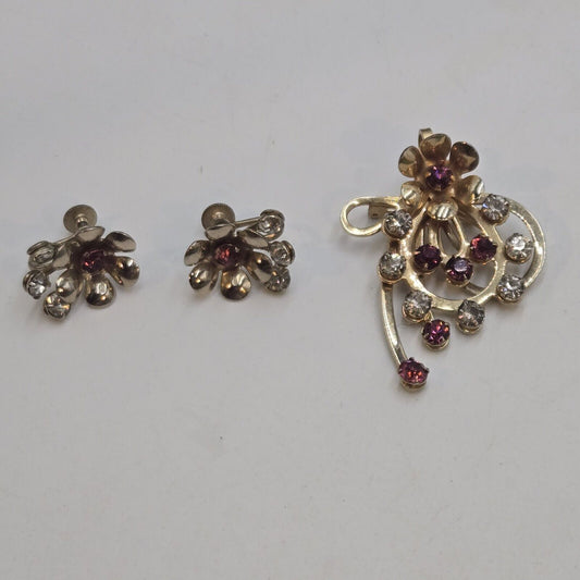 Vintage Gold Tone Pink Clear Rhinestones Flower Brooch Pendant Earrings Set