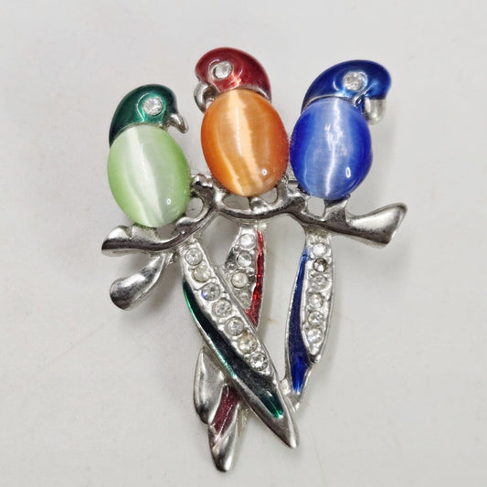 Vintage Colorful Moonstone Parrot Trio On Branch Vivid EnamelRhinestones Brooch