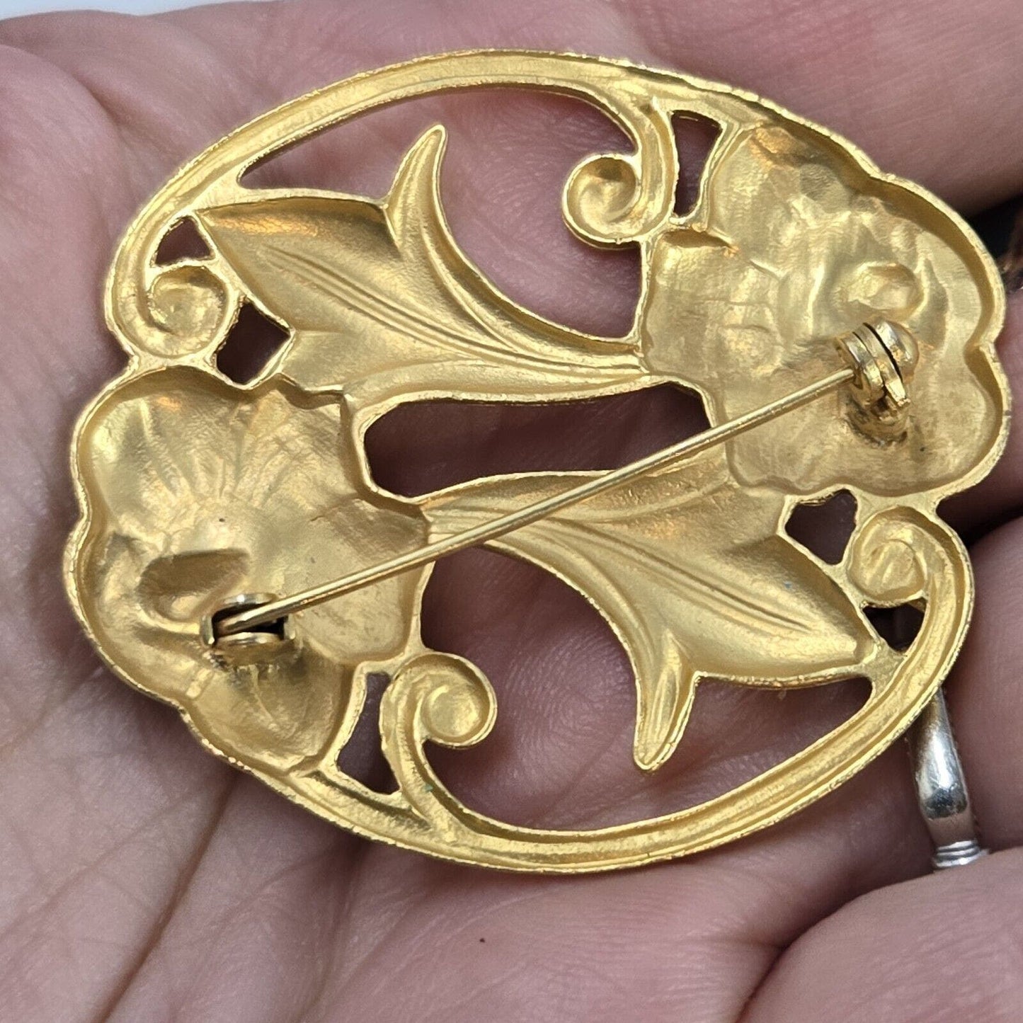 Vintage Art Nouveau Revival Brooch Matte Gold Tone Pin 2" Flowers