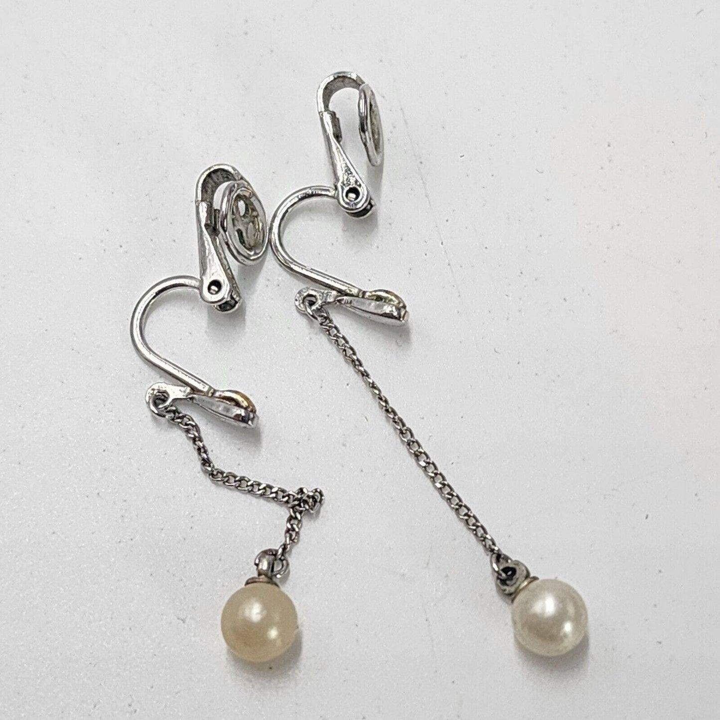 Vintage 40s Crown Trifari Earrings Clip Silver Tone Faux Pearl Long Dangles 1.5"