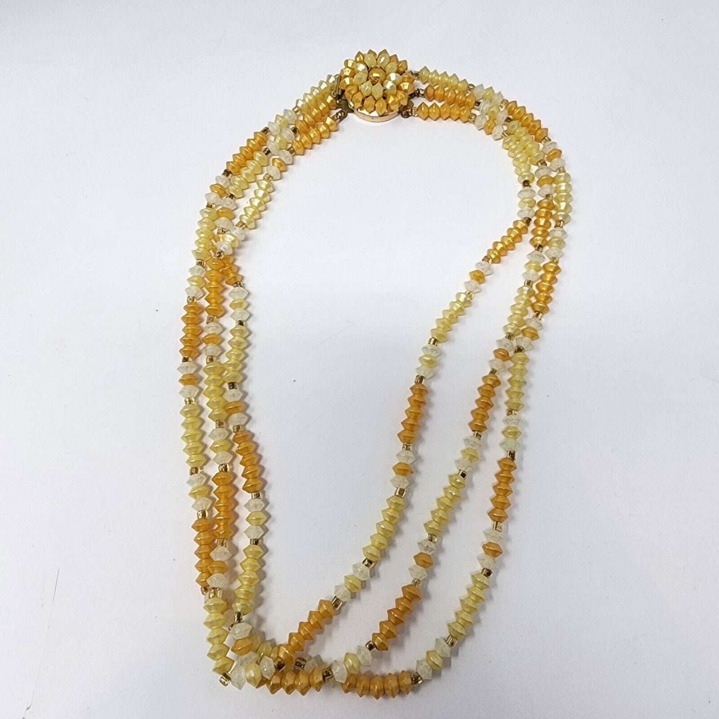 Vintage 3 Strand Multi Yellow Acrylic Bead Necklace Ornate Box Clasp Hong Kong