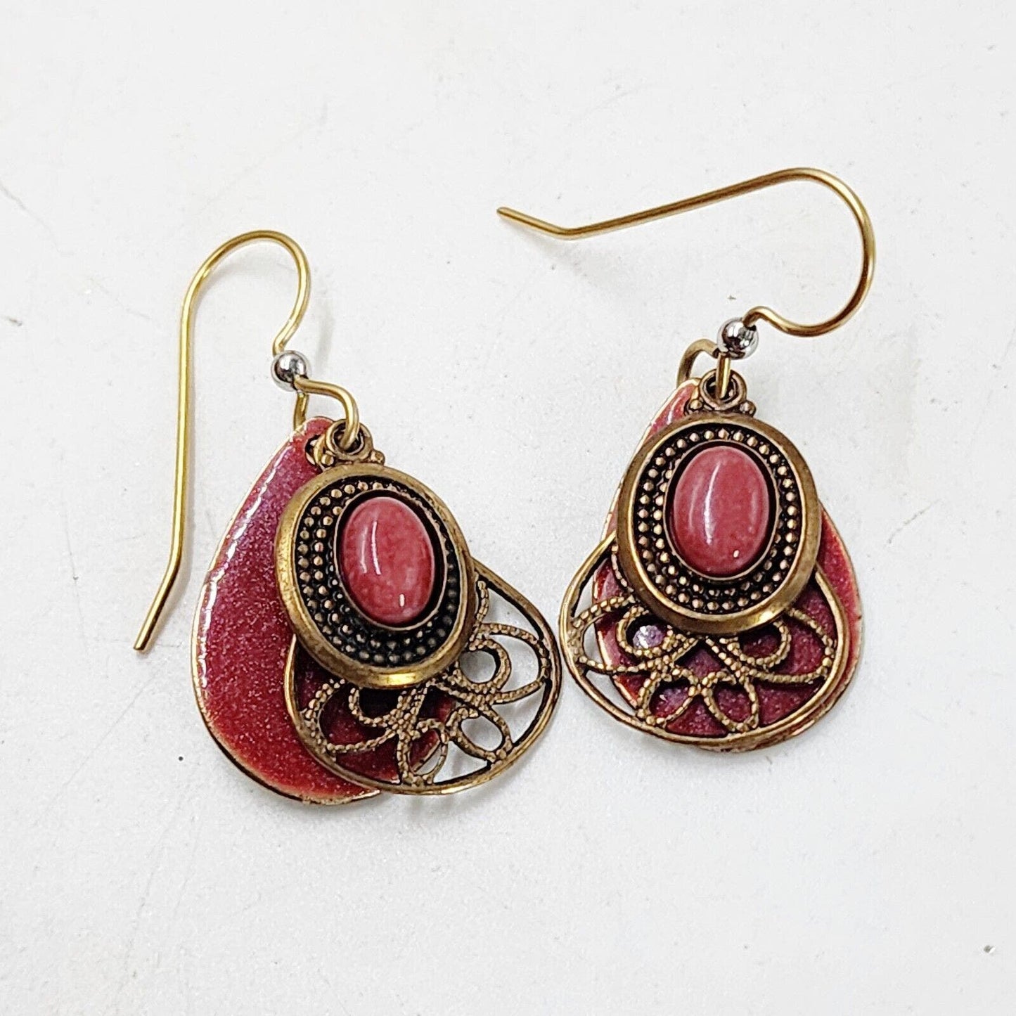 Boho Pink Agate Cabochon Earrings Layered Gold Tone Filigree Teardrop Hook