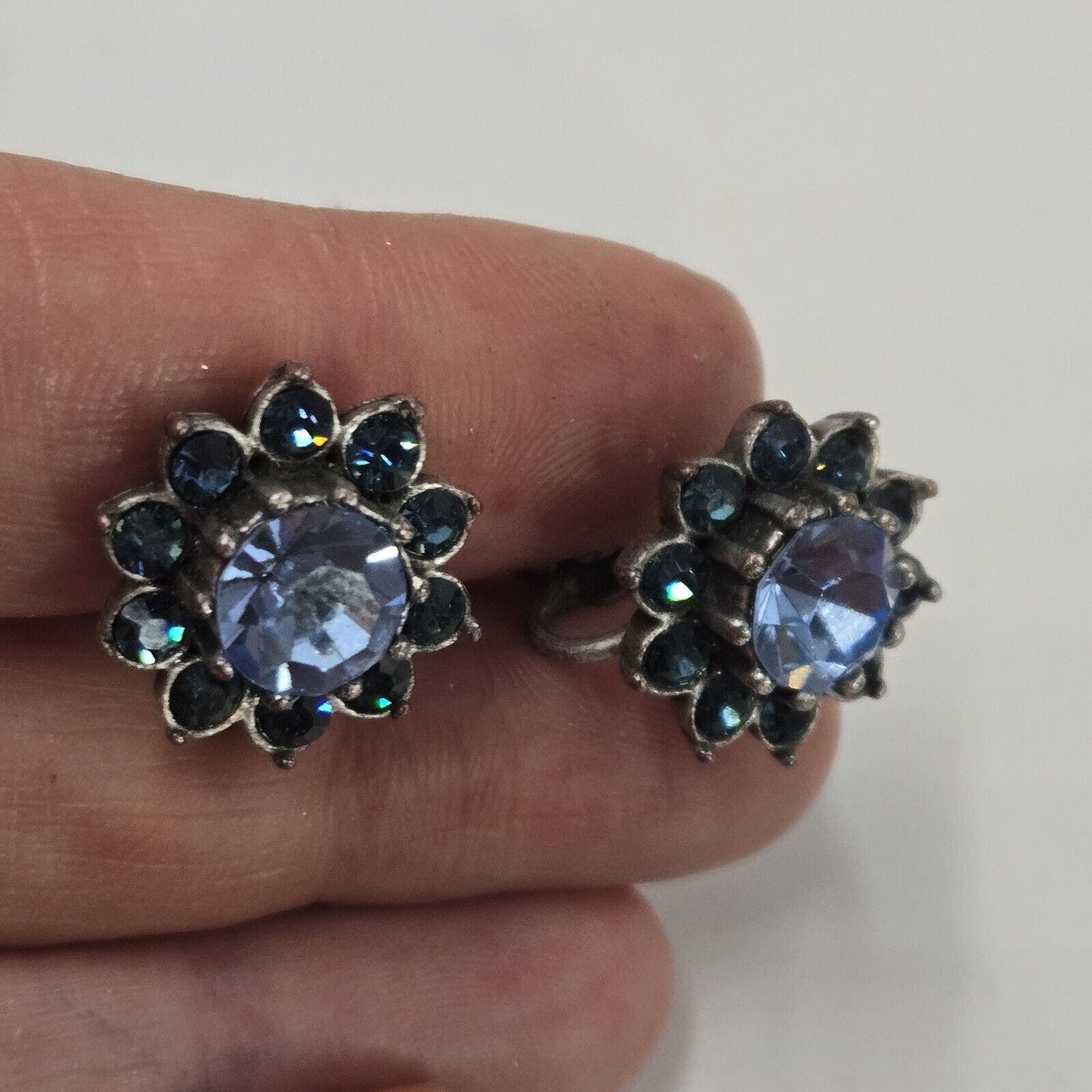 Vintage Signed Hobe Cluster Flower Clip On Earrings Blue Tones Rhinestones