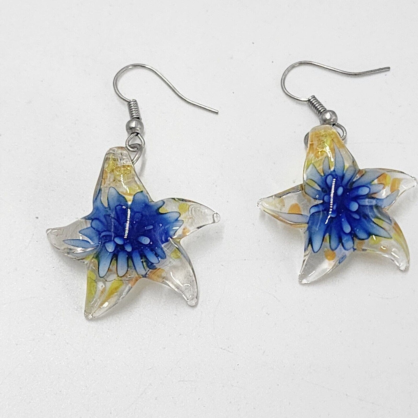 Artisan Blown Swirl Glass Starfish Earrings Blue Flower Clear Dangle