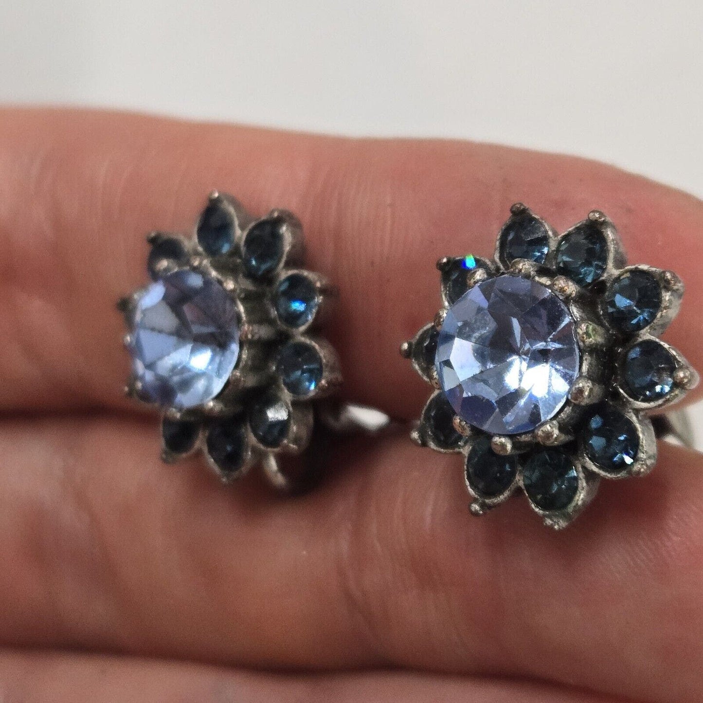 Vintage Signed Hobe Cluster Flower Clip On Earrings Blue Tones Rhinestones