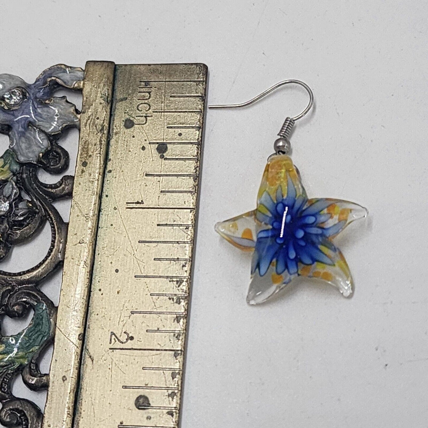 Artisan Blown Swirl Glass Starfish Earrings Blue Flower Clear Dangle