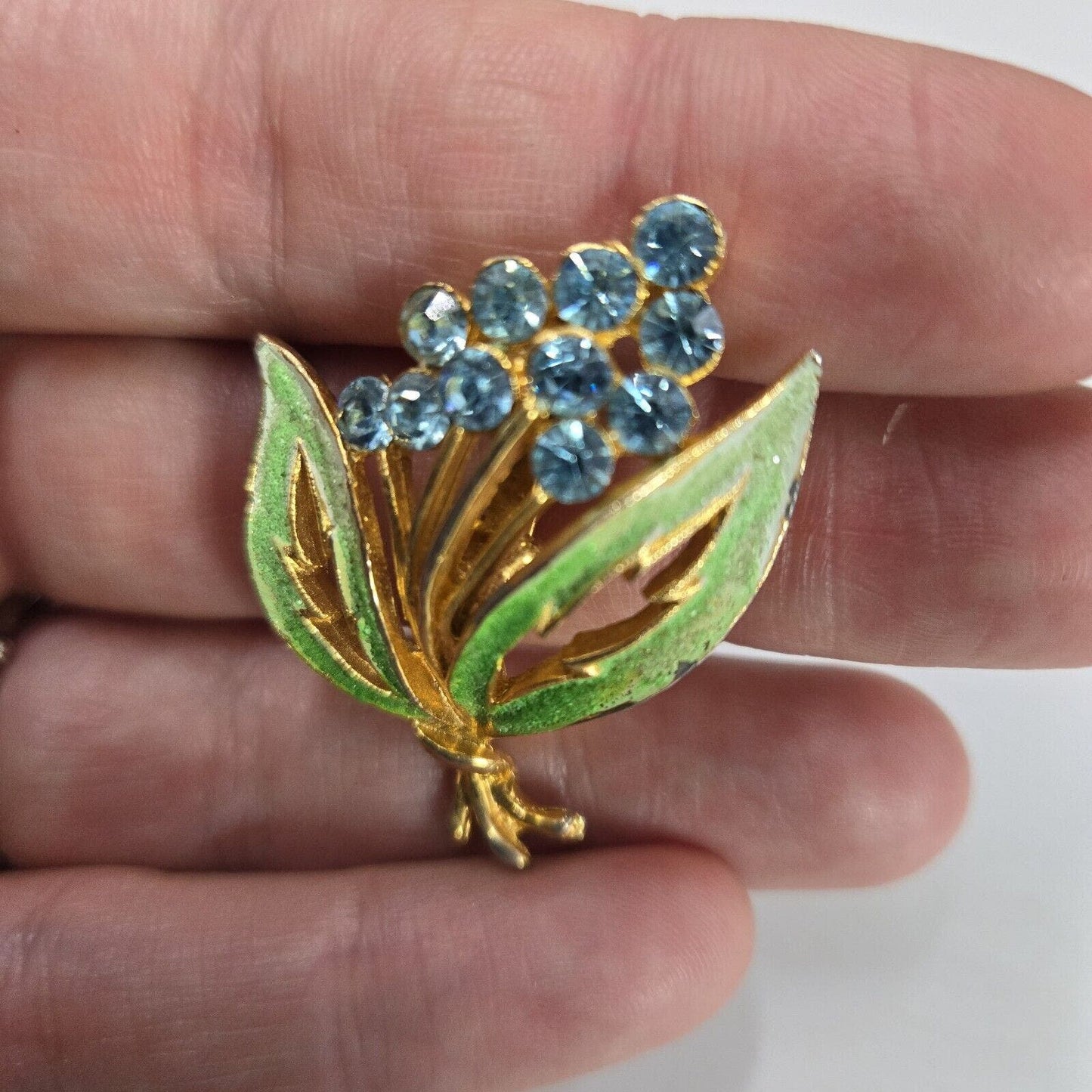 Vintage Signed Hollywood Green Enamel Blue Rhinestone Flower Brooch Gold Tone