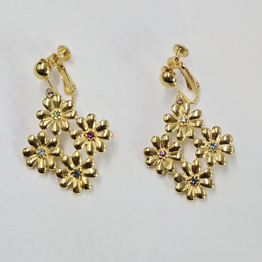 Vintage Joan Rivers Dangle Clip Earrings Multicolor Rhinestone Gold Tone Flowers