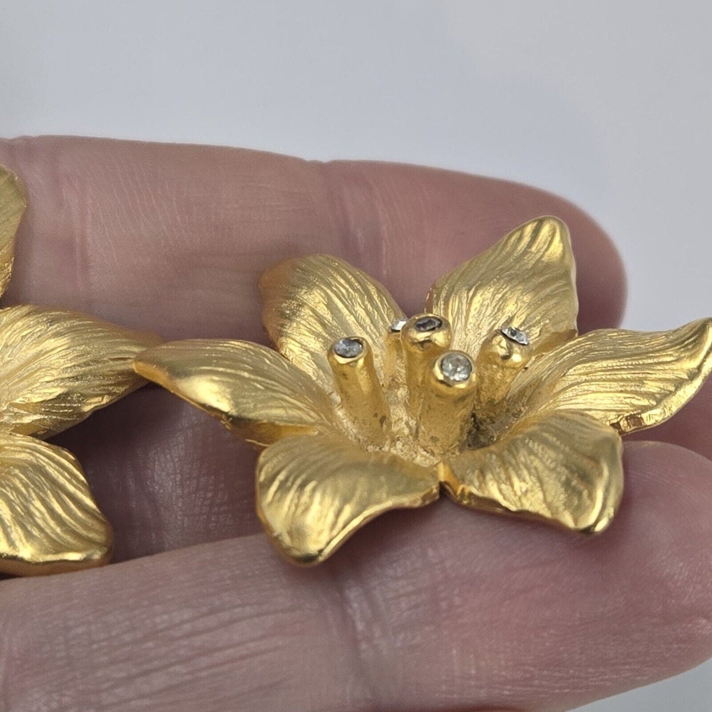 Vintage Norma Jean Flower Earrings Matte Gold Tone 1980s Clip On Haute Couture