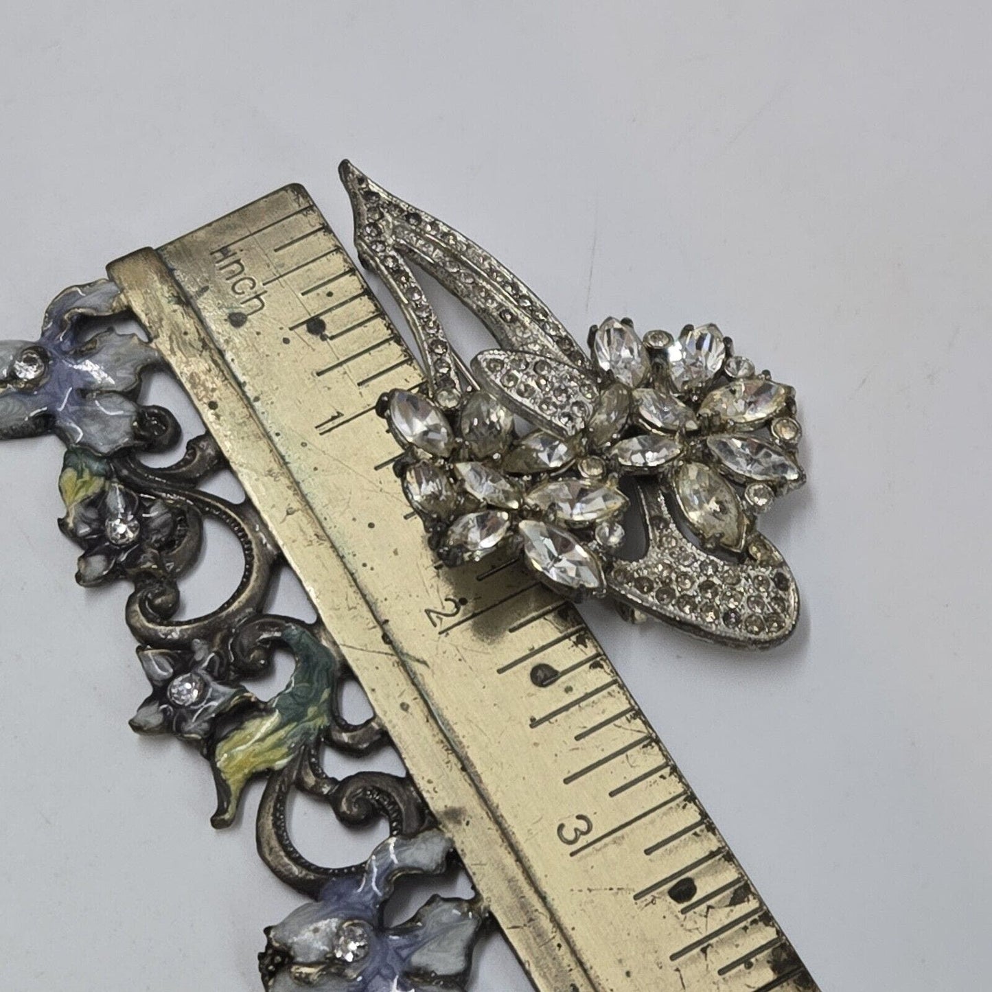 Vintage Art Deco Flower Paste Marquise Rhinestones Silver Tone Brooch Signed KC