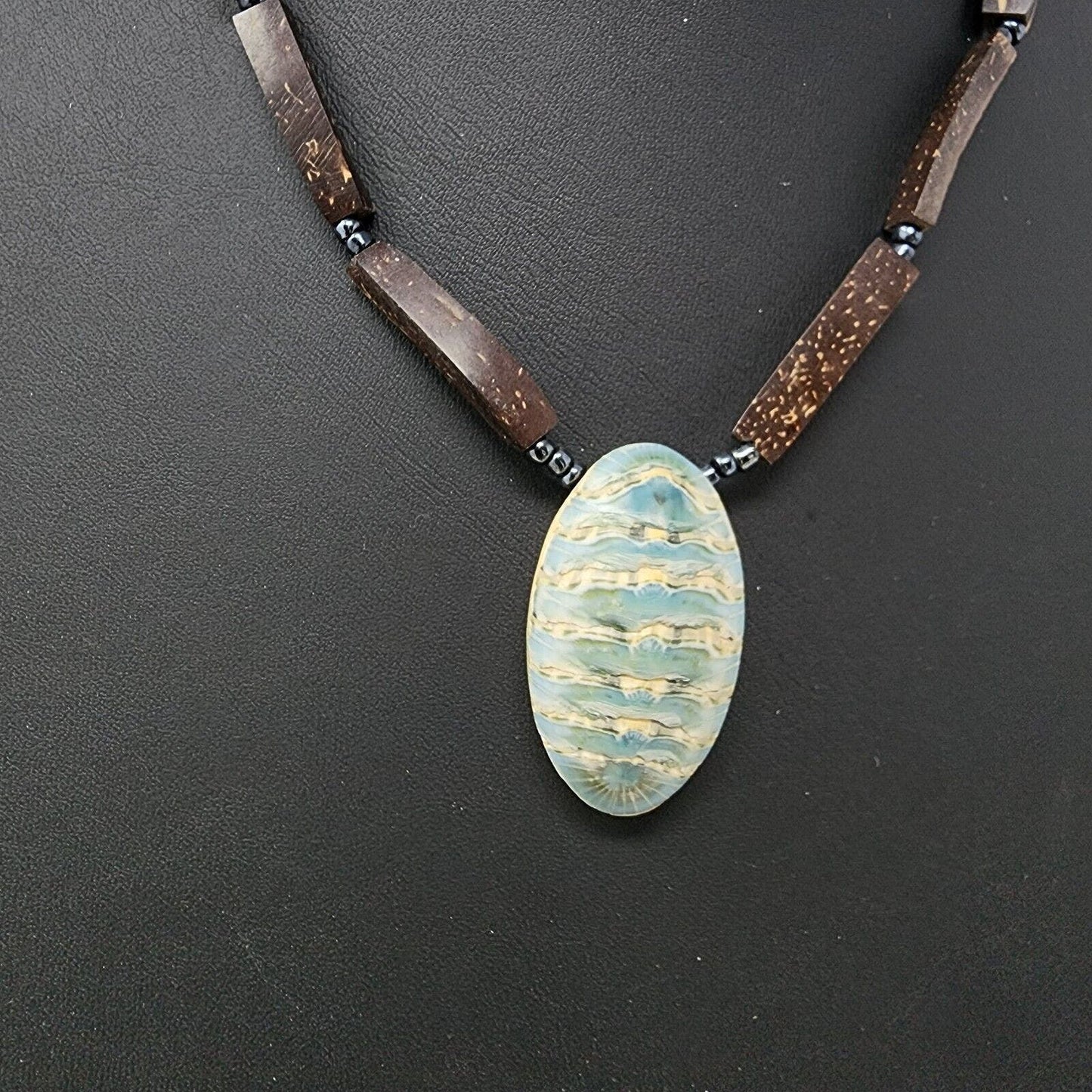 Vintage Ethnic Coconut Shell Blue Fossil? Shape Brown Necklace 17" Dominican Rep