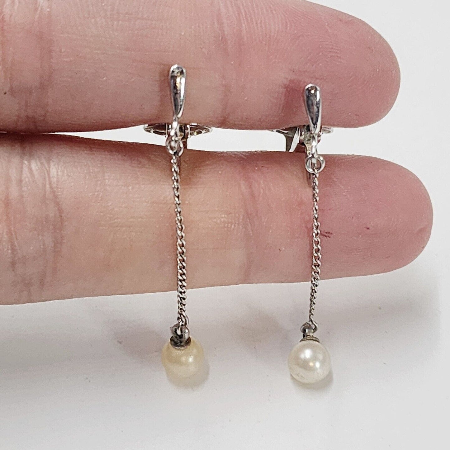 Vintage 40s Crown Trifari Earrings Clip Silver Tone Faux Pearl Long Dangles 1.5"