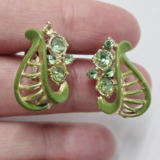 Vintage Green Enamel And Rhinestone Screw Back Earrings Leaves Flowers