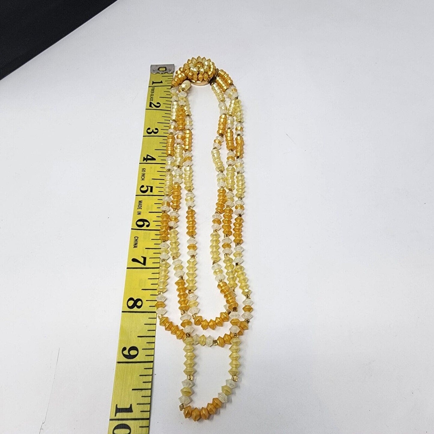 Vintage 3 Strand Multi Yellow Acrylic Bead Necklace Ornate Box Clasp Hong Kong