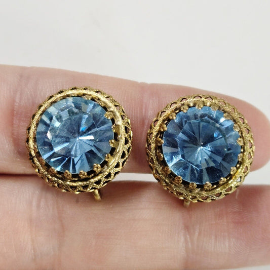 Vintage Gold Tone Blue Headlight Sparkling Rhinestone Clip Earrings Statement