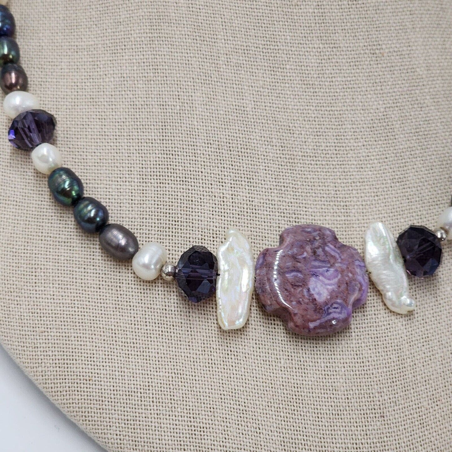 Artisan Peacock Pearl Beaded Necklace Cross Pendent Violet Charoite Lepidolite