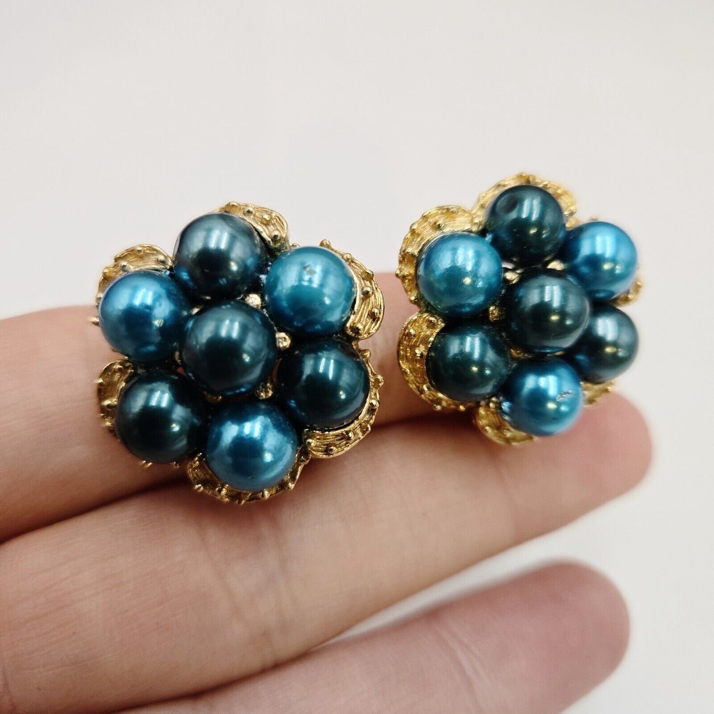 Vintage Teal Blue Faux Pearl Bead Cluster Gold Tone Clip Earrings