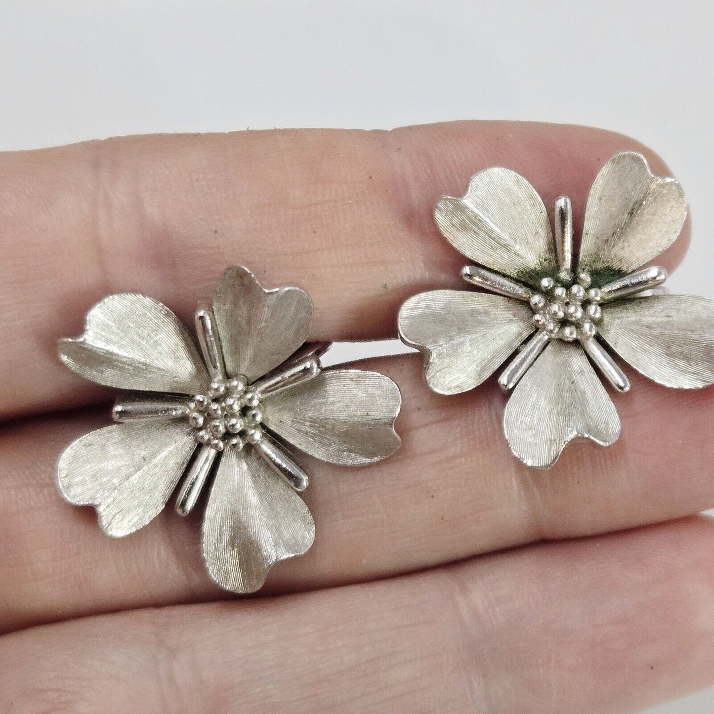 Vintage Crown TRIFARI Matte Silver Tone Dogwood Flower Clip On Earrings