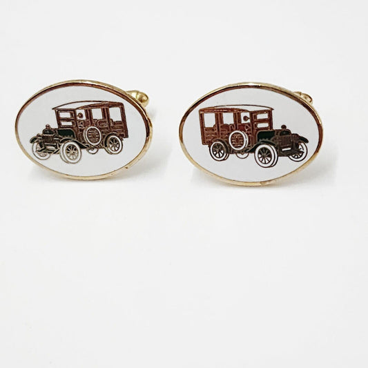 Vintage 1970s Avon Antique Car Cufflinks Enamel Gold Model T Auto