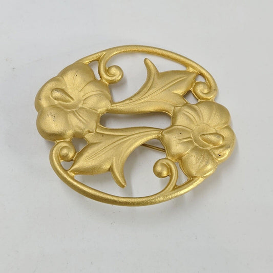 Vintage Art Nouveau Revival Brooch Matte Gold Tone Pin 2" Flowers