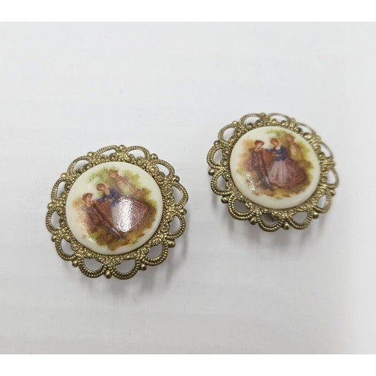 Vintage West Germany Porcelain Courting Couple Metal Frame Clip-on Earrings