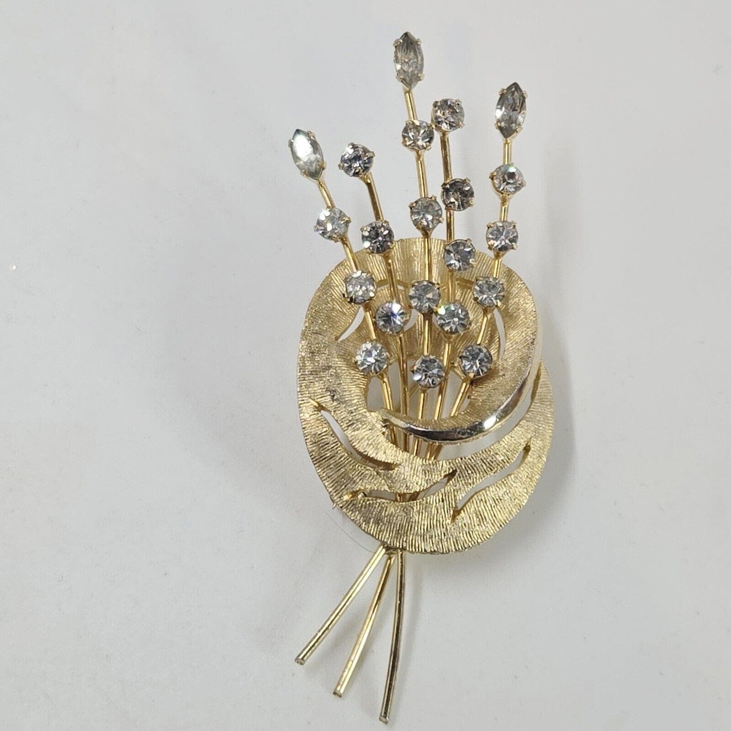 Vintage KRAMER Rhinestone Brooch Floral Flower Spray Bouquet Pin Gold Tone