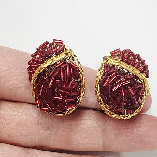 Vintage Original By Robert Gold Tone Red Seed Bead Swirl Chunky Clip On Earrings