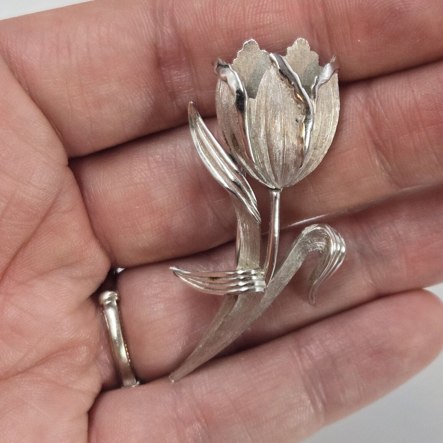 Vintage Crown Trifari Brooch Flower Lily Tulip 1950s Philippe Signet Silver Tone