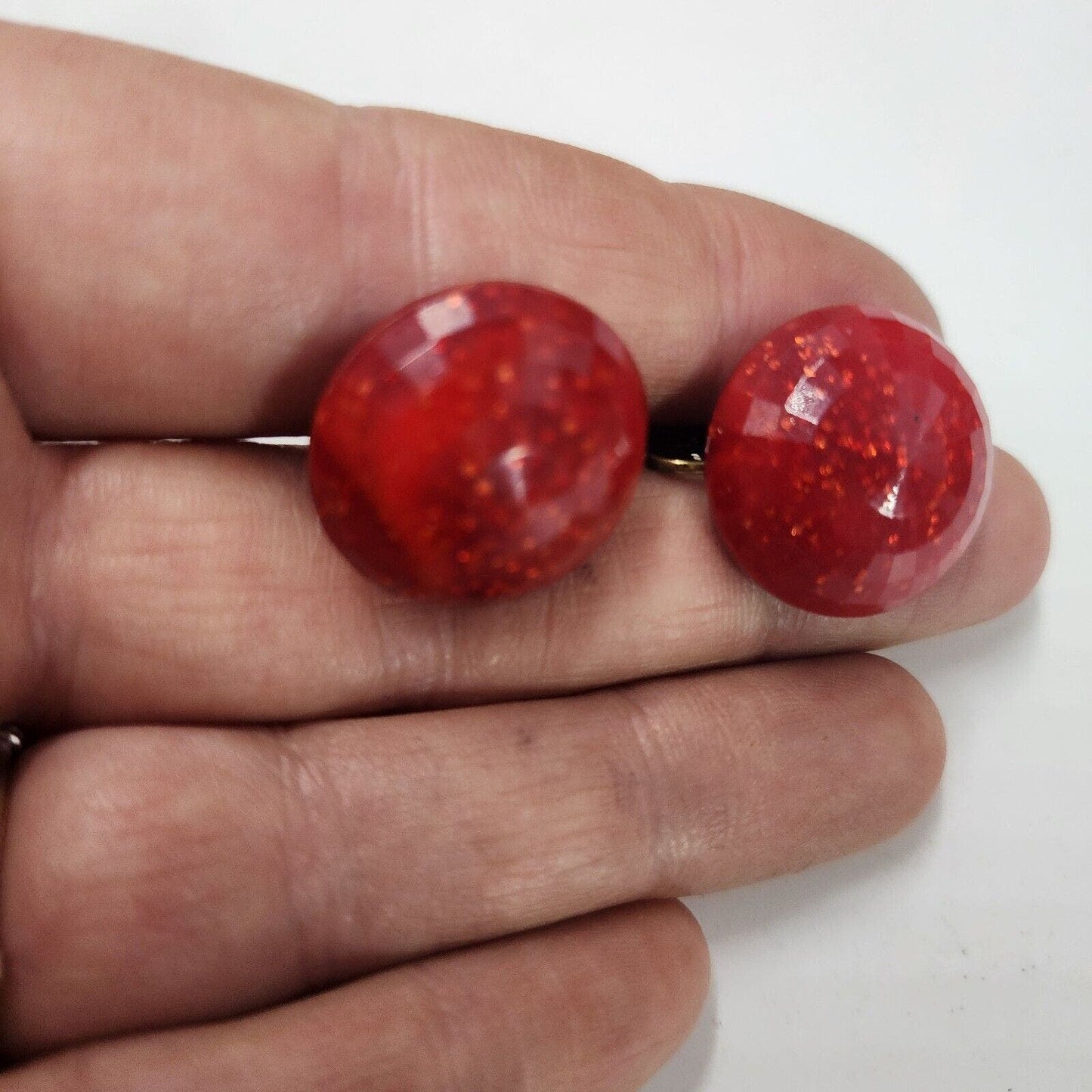 Vintage Dalsheim Lipstick Red Glitter Lucite Dome Designer Clip On Earrings