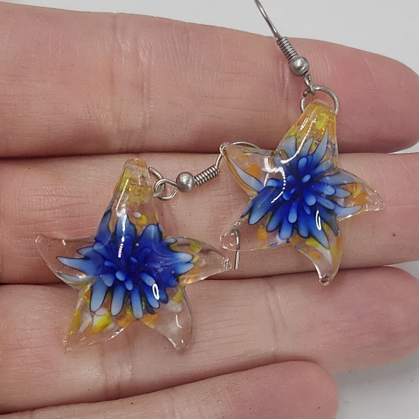 Artisan Blown Swirl Glass Starfish Earrings Blue Flower Clear Dangle